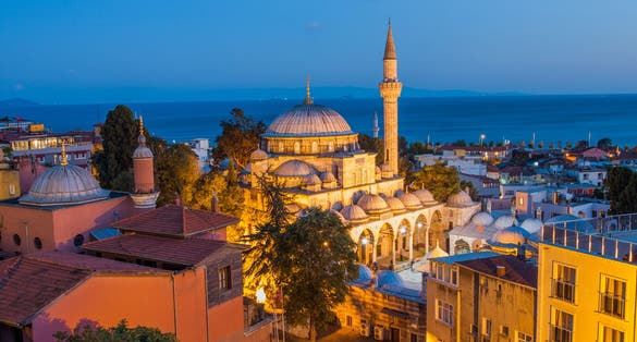 photo of evening view of wonderful panoramic view of the city on the background with Sokollu Mehmed Pasha Mosque in Istanbul a romantic city is the cultural capital of Turkey.
