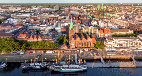 photo of view of Bremen, Germany. Aerial View on Historical Center of Bremen, Marktplatz at Sunrise.