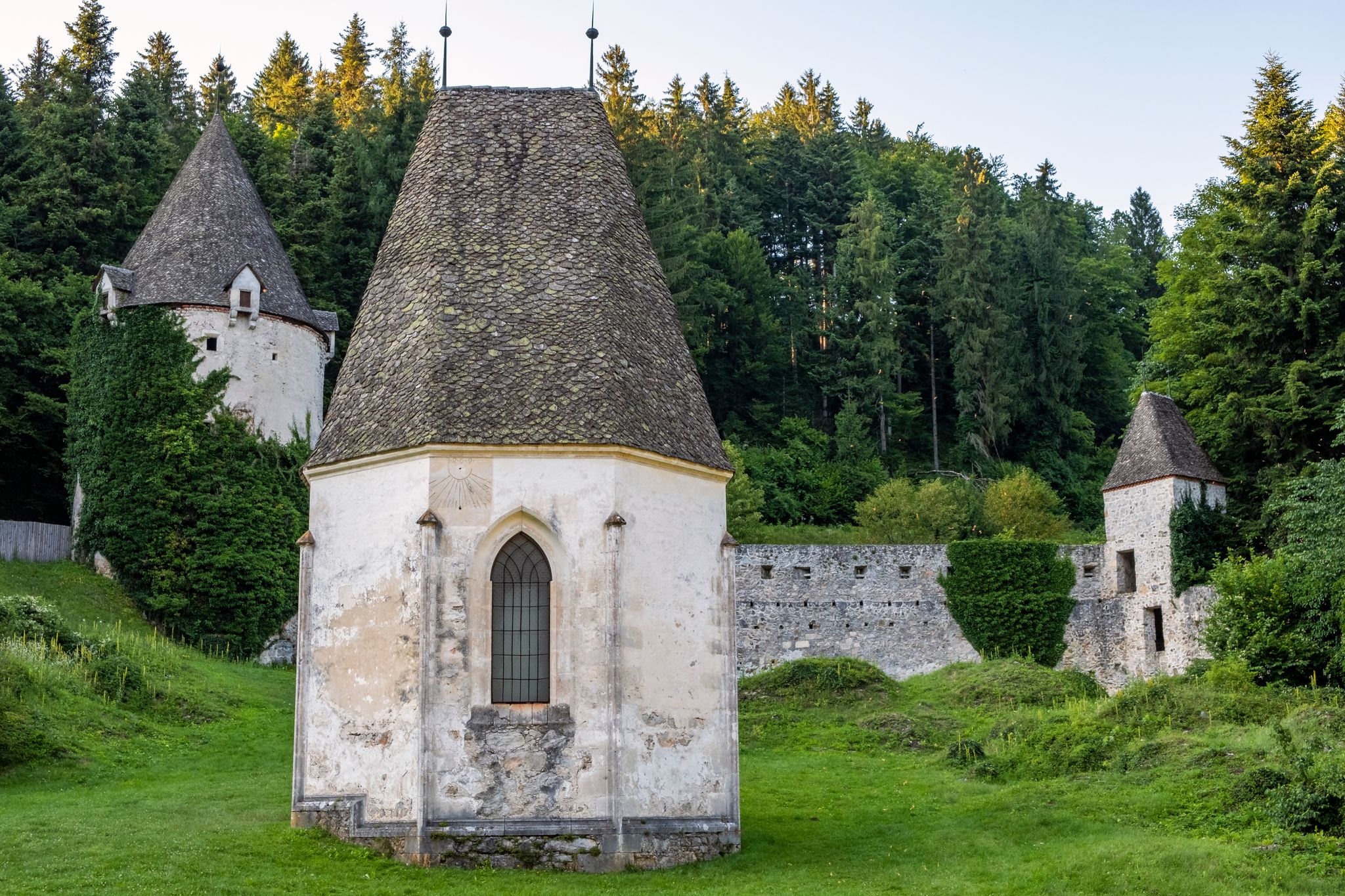 Photo of Žiče Charterhouse, cloister and back wall,Stare Slemene,Slovenia.