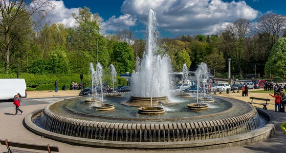 Photo of water fountain in front of the Atomium monument at Brussels Belgium, Europe.