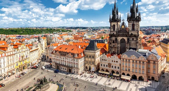 Photo of aerial view of old town Square in Prague, Czech Republic.