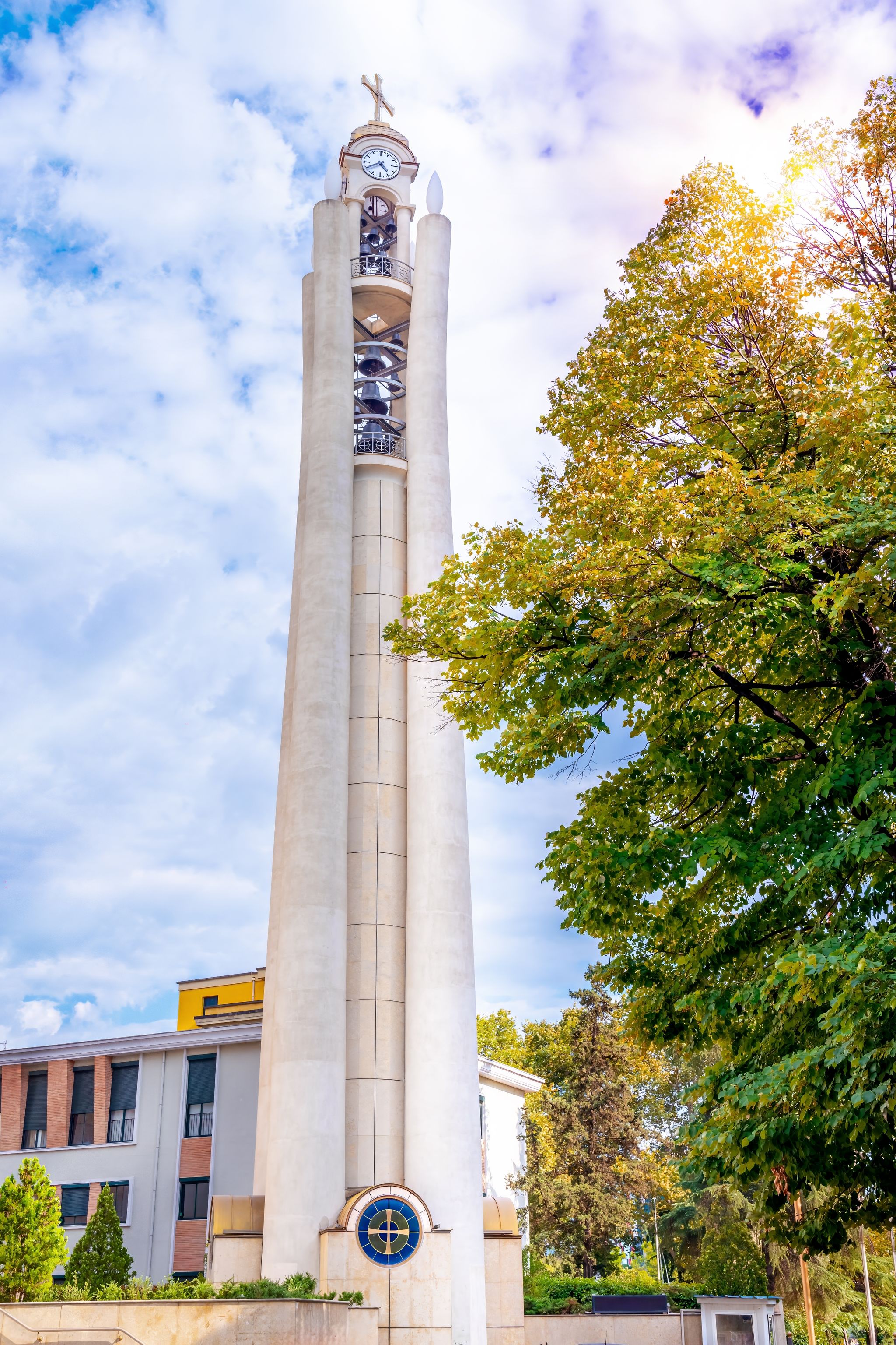 Photo of bell tower and dome of the Resurrection Cathedral. An Albanian Orthodox church in the center of Tirana.