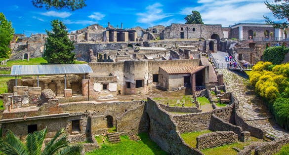 Panoramic view of the ancient city of Pompeii with houses and streets. Pompeii is an ancient Roman city died from the eruption of Mount Vesuvius in the 1st century. Naples, Italy.