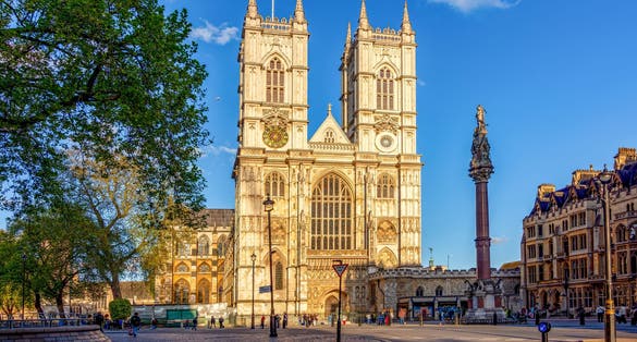 photo of Westminster Abbey in center at sunset of London, UK.