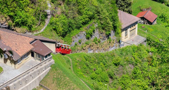 photo of Reichenbachfall funicular (Reichenbachfall-Bahn) from Willigen, near Meiringen, to the famous Reichenbach Falls, Switzerland.