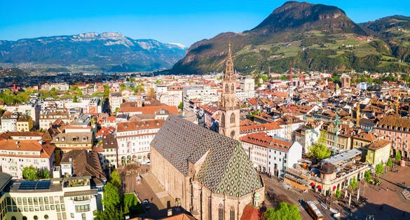 photo of view of Bolzano Cathedral or Duomo di Bolzano aerial panoramic view, located in Bolzano city in South Tyrol, Italy.