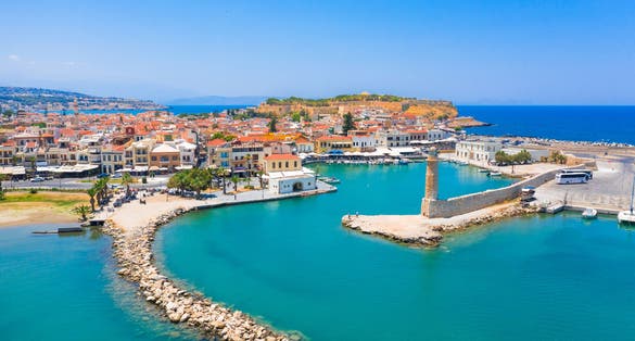Photo of aerial view of the old Venetian harbor of Rethimno, Crete, Greece.