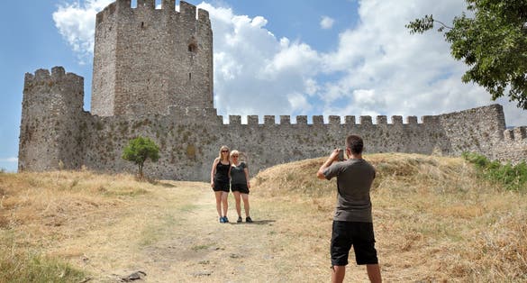 photo of view of Tourists taking photo in Platamonas - Platamon castle, Olympus region, Macedonia, Greece,Neos Panteleimonas Greece.