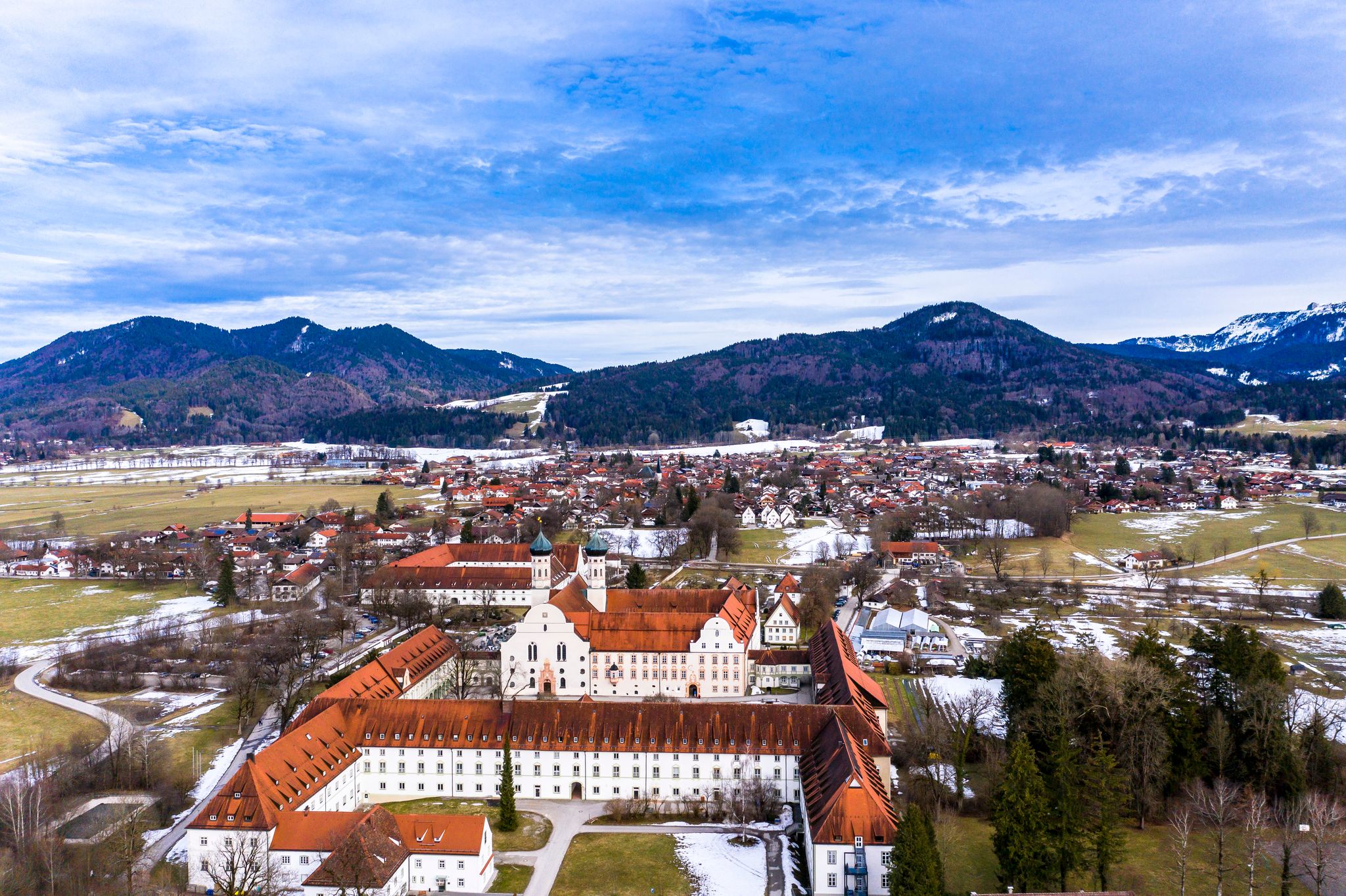 photo of view of Monastery Church of St. Benedict and Monastery Benediktbeuren, former Benedictine Abbey, Bad Tölz-Wolfratshausen district, Bavaria, Germany