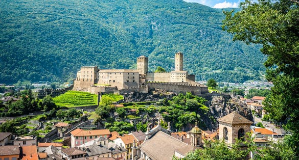 Photo of aerial view of Castelgrande castle in Bellinzona ,Ticino, Switzerland.