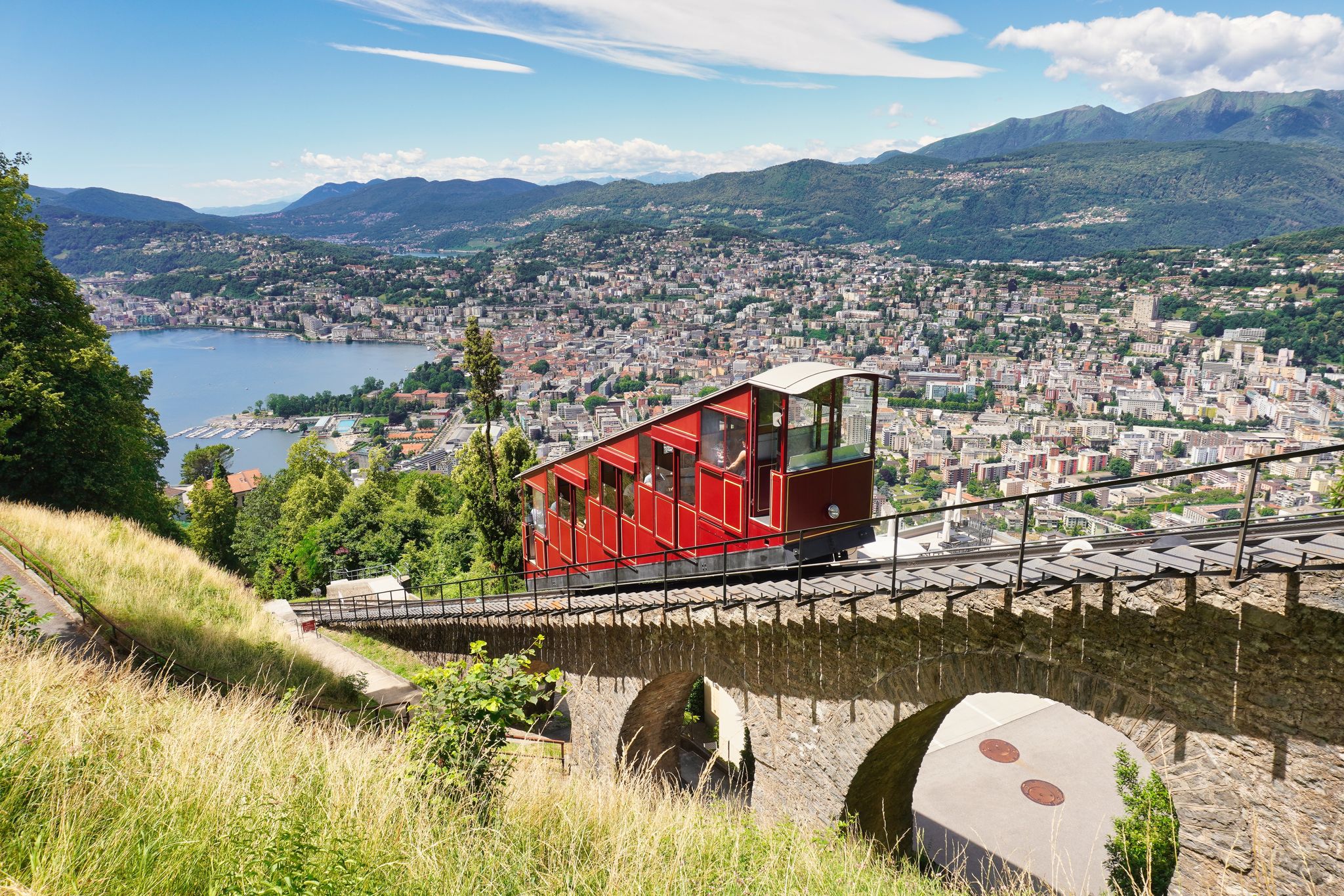 photo of Lugano, canton of Ticino, Switzerland. Monte Brè funicular. Public transport cable car with scenic view over the city.