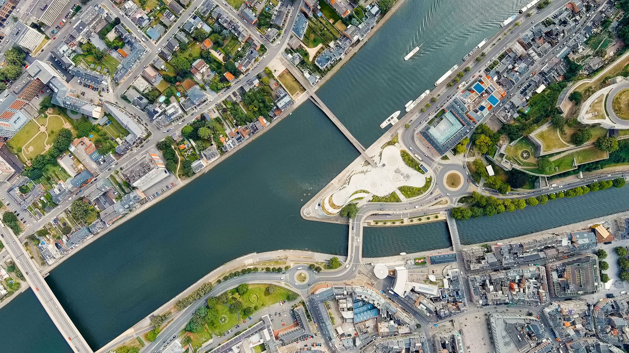 photo  of view of Namur, Belgium. Arrow at the confluence of the Sambre and Meuse rivers, Aerial View