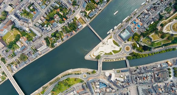 photo  of view of Namur, Belgium. Arrow at the confluence of the Sambre and Meuse rivers, Aerial View
