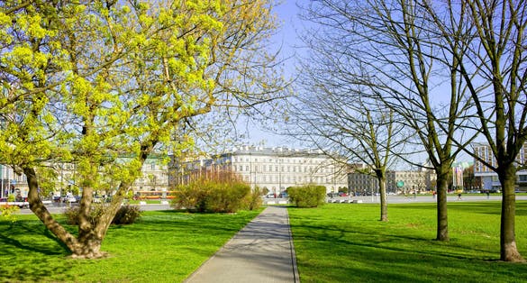 Photo of the Saxon Garden (Ogrod Saski) in spring, a public park in the downtown of Warsaw (Srodmiescie District), Poland.