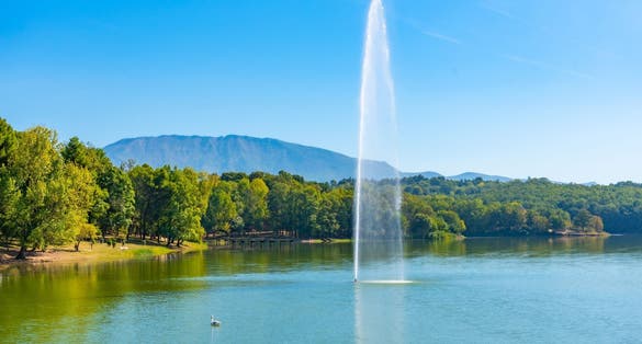 Photo of grand park in Tirana viewed behind a fountain on an artificial lake, Albania.