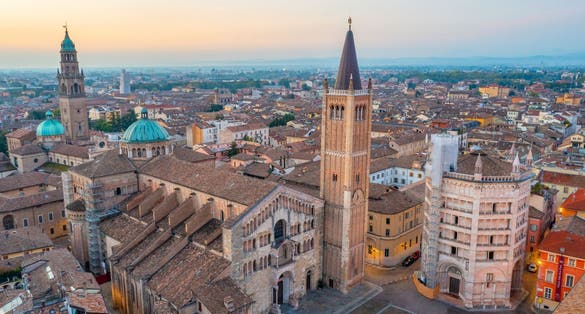 Sunrise view of the Cathedral of Parma in Italy.