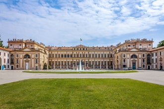Photo of royal Palace (Villa Reale), 18th century, exterior with gardens ,Monza, Italy.