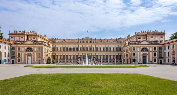 Photo of royal Palace (Villa Reale), 18th century, exterior with gardens ,Monza, Italy.