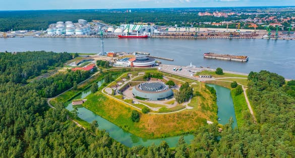 Aerial view of the Lithuanian Sea Museum in Klaipeda .
