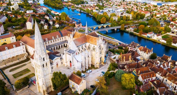 Image of aerial view of famous old town Auxerre with river in France