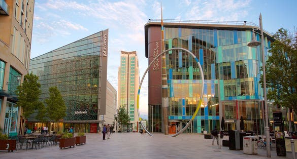 CARDIFF, WALES, UNITED KINGDOM,  Cardiff City center . Includes John Lewis building, Cardiff central Library and Alliance sculpture.