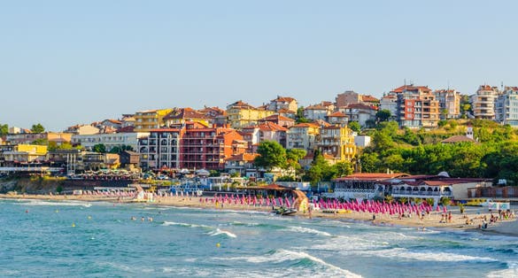 view of a residential area stretching around the shores of sozopol city in bulgaria is popular summer destination for tourists from whole europe.