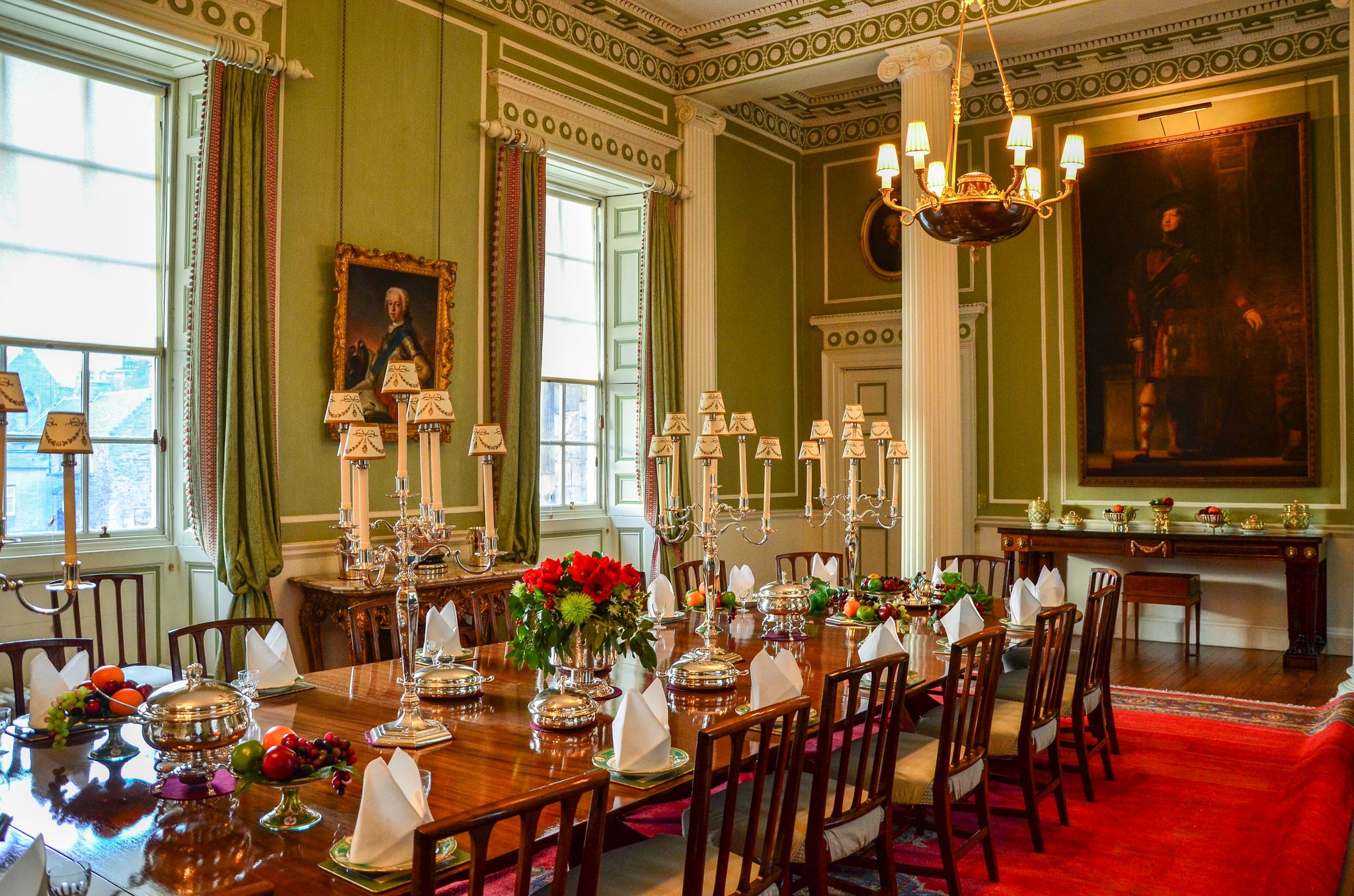 luxury interior decoration in a traditional British style dinning room of the historic Holyrood Palace.