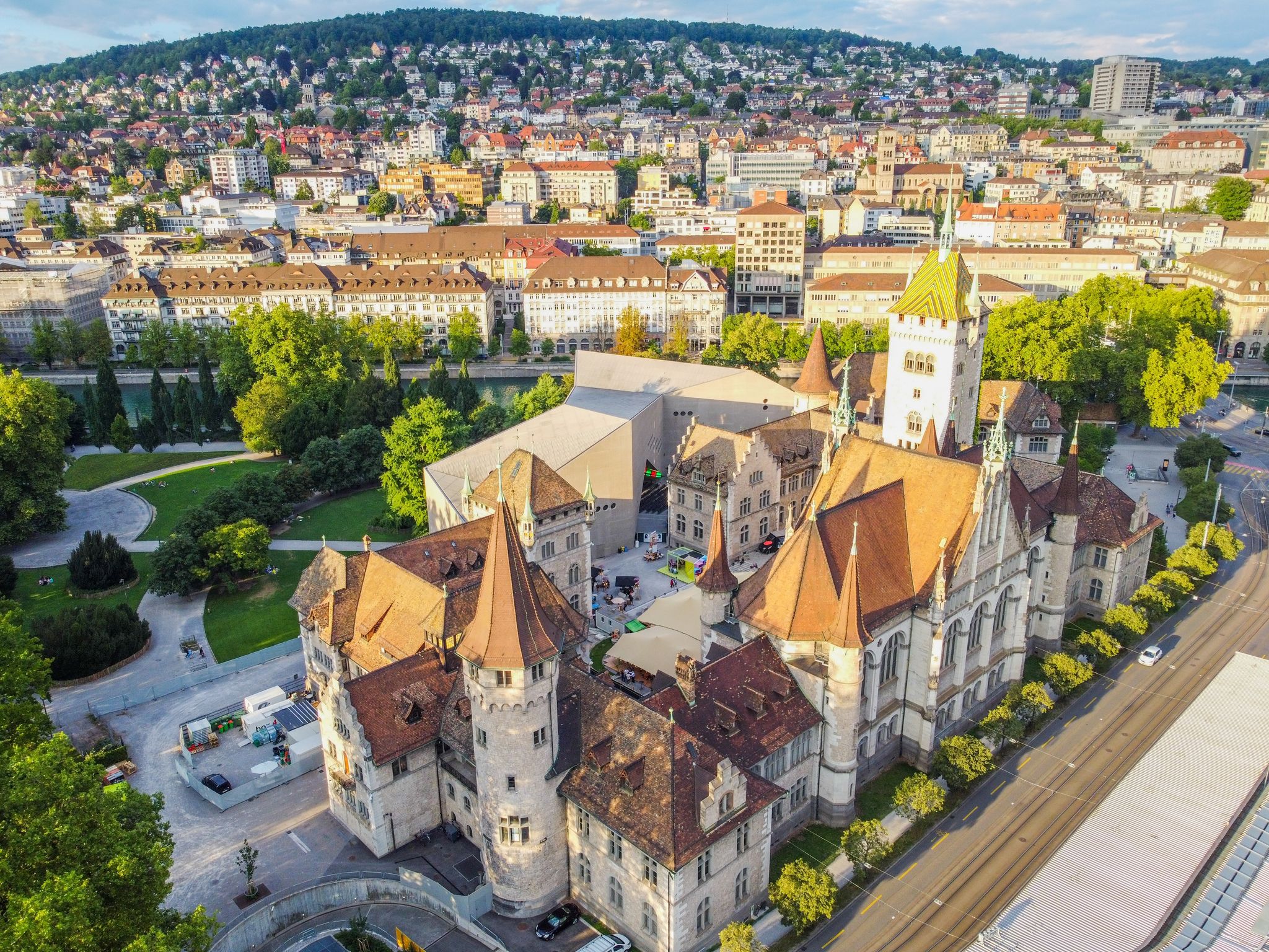 Photo of panoramic cityscape of the Old Town of Zurich and Swiss National Museum, top view.