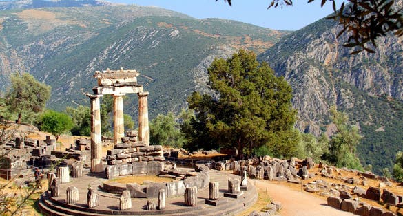 photo of view of Greek Delphi Templec, Delphi, Greece.