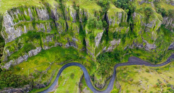 Photo of aerial view of Cheddar Gorge, England.