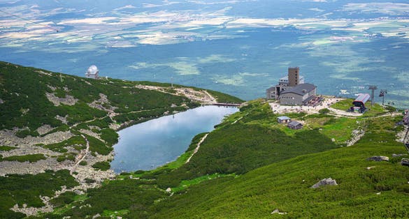 View from above of touristic facility and lake "Skalnatá dolina" in High Tatra Mountains of Slovakia