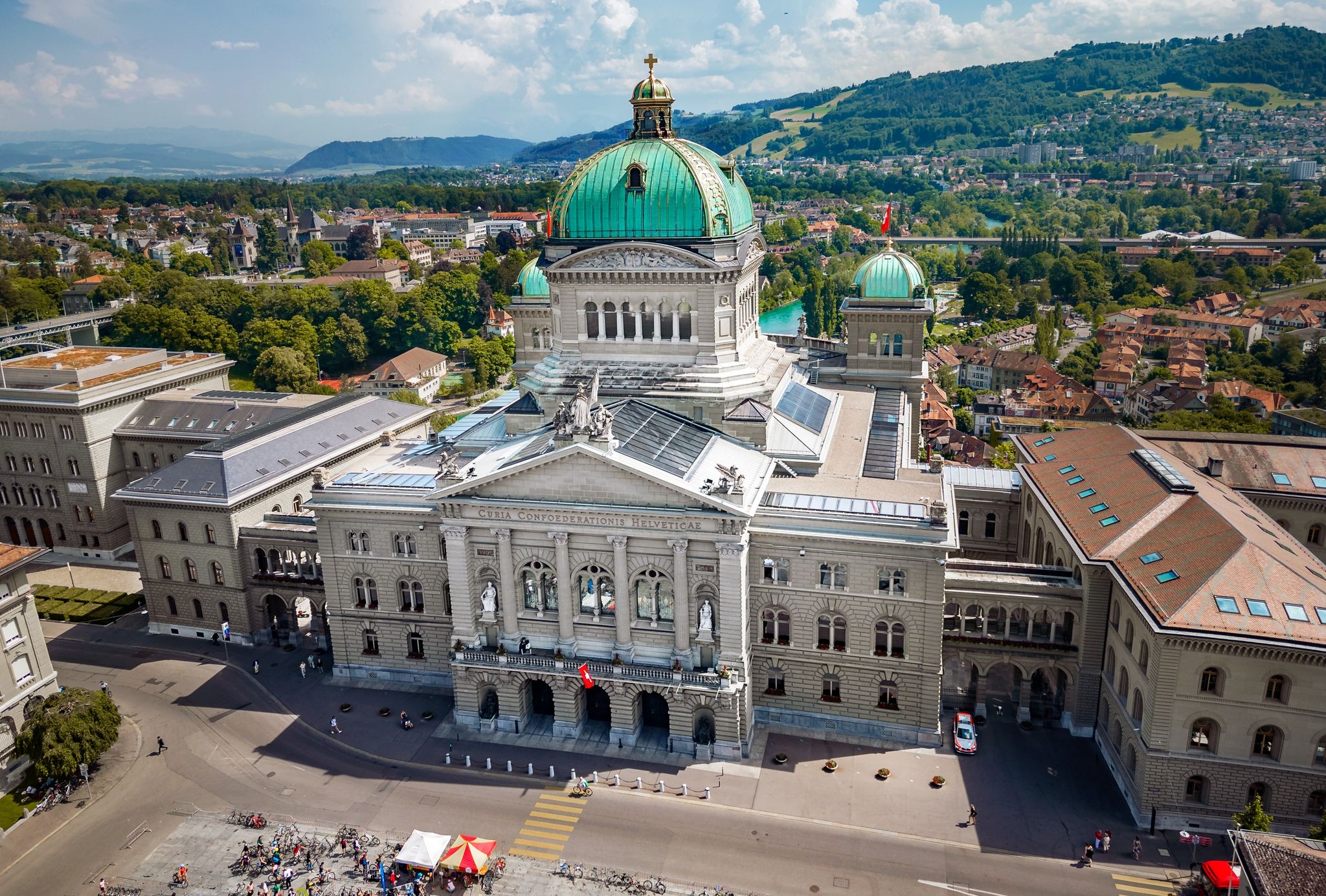 photo of drone panorama of Bundesplatz the Swiss Capital Building in Bern, Switzerland.