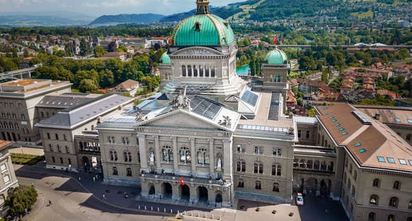photo of drone panorama of Bundesplatz the Swiss Capital Building in Bern, Switzerland.