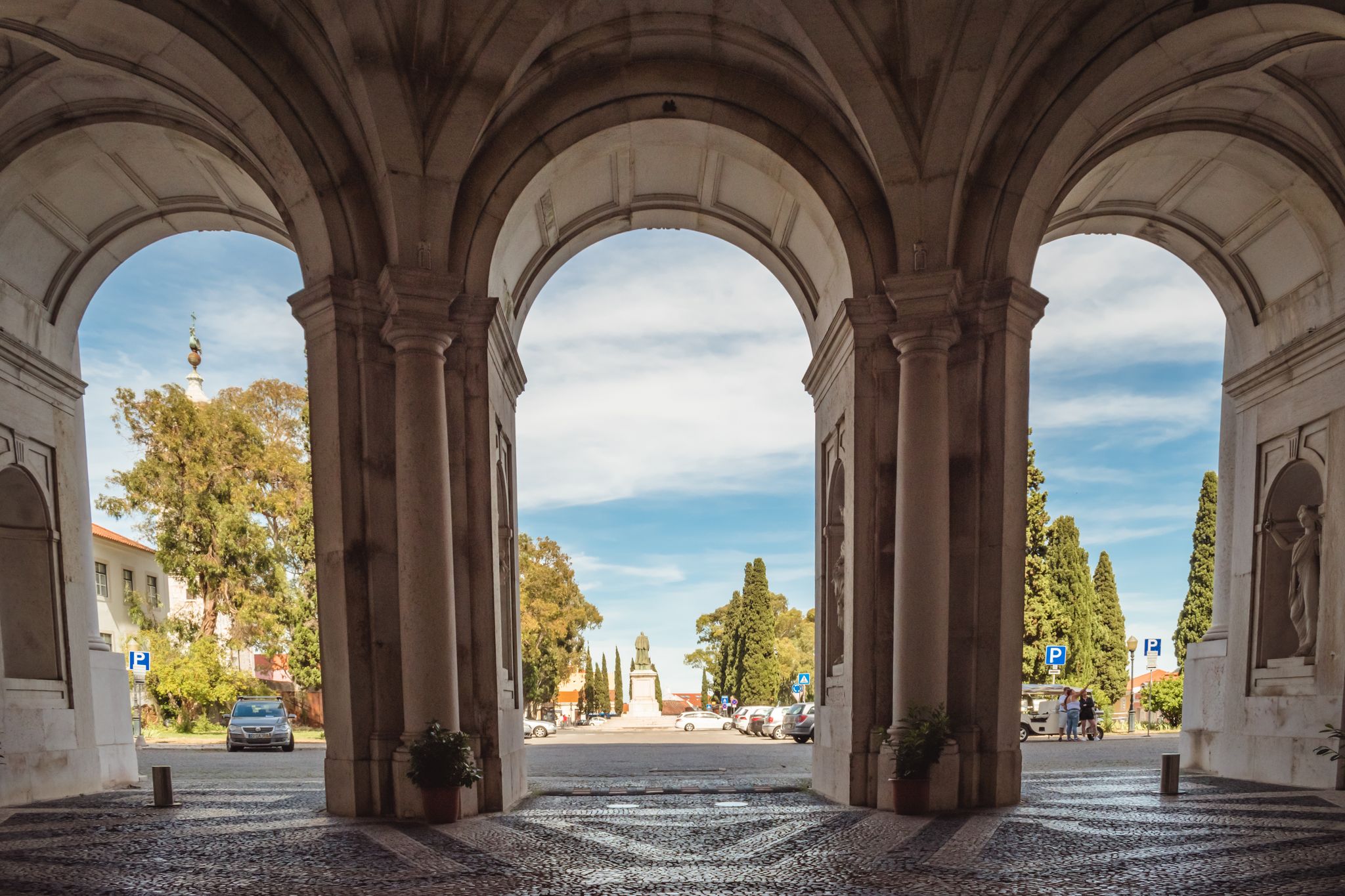 Photo ofPerspective of arcades with exterior view of Ajuda Palace, Lisbon PORTUGAL.