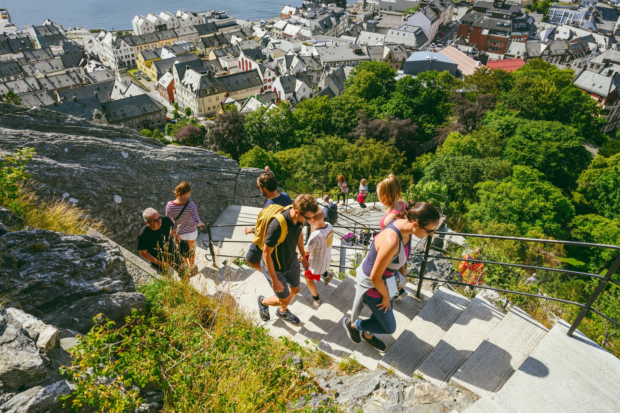 View from Kiven viewpoint of historical center in summer sunny day, Alesund, Norway.