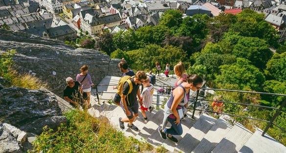 View from Kiven viewpoint of historical center in summer sunny day, Alesund, Norway.