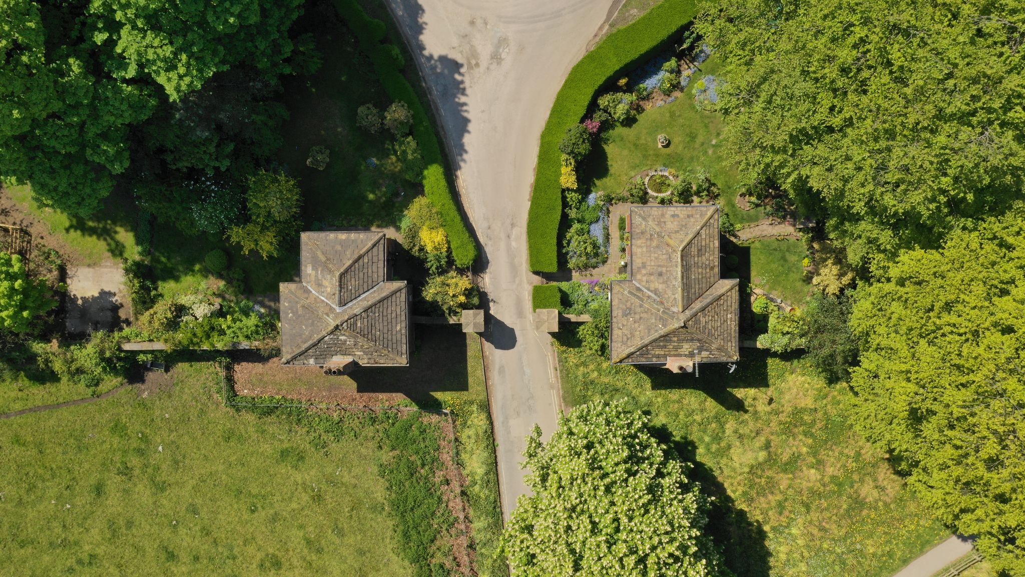 Photo of aerial view over a gate house at Temple Newsam house in Leeds, United Kingdom.