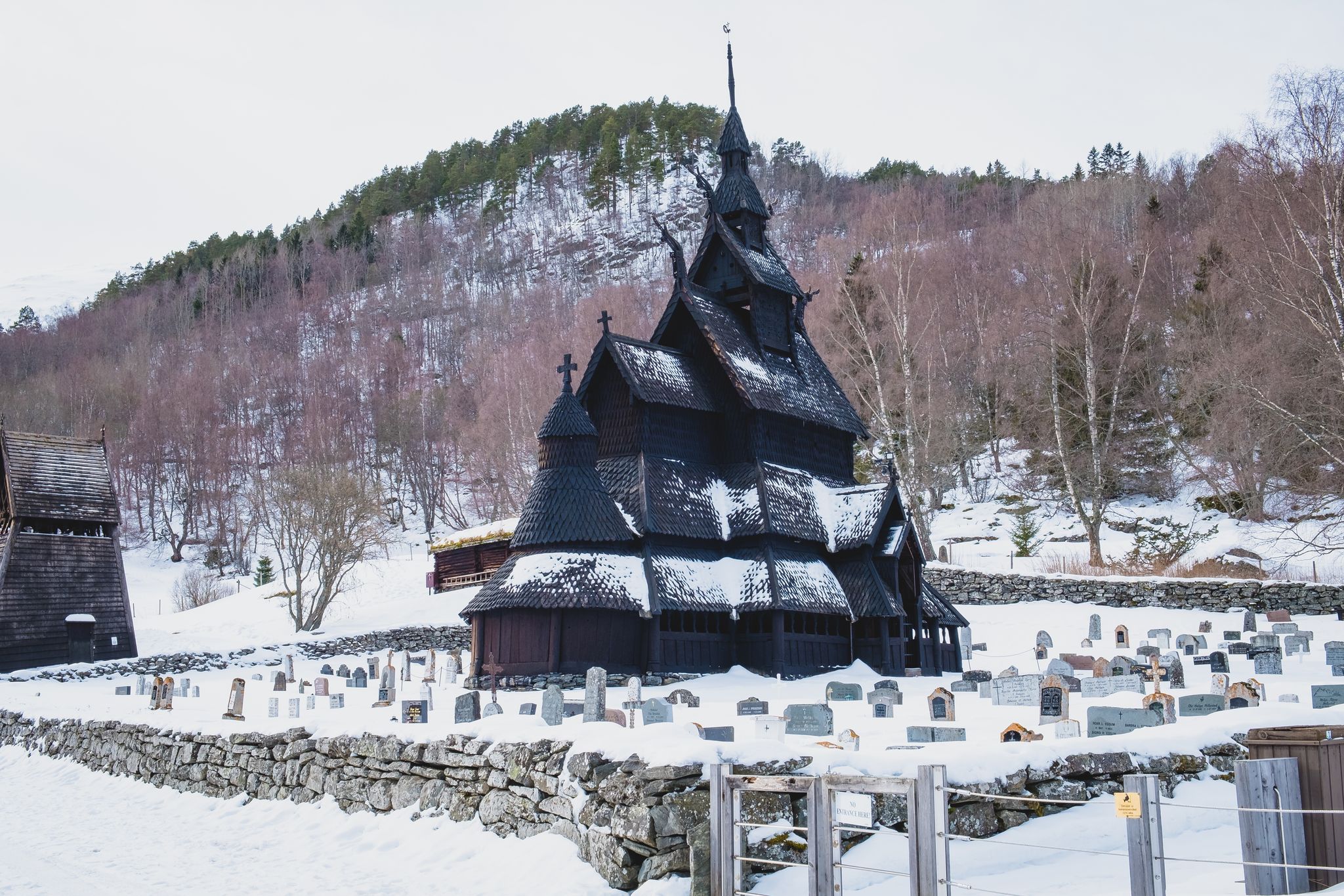 Borgund Stave Church during winter. A stave church is a medieval wooden Christian church building once common in north-western Europe.