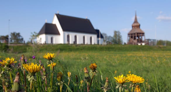 photo of flowers with Frösö Church in the background in Sweden.
