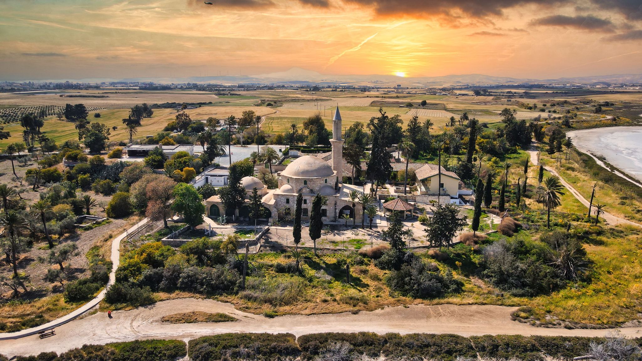 Photo of aerial view of Hala Sultan Tekke or Mosque of Umm Haram in Larnaca, Cyprus.
