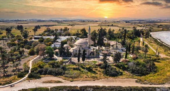 Photo of aerial view of Hala Sultan Tekke or Mosque of Umm Haram in Larnaca, Cyprus.