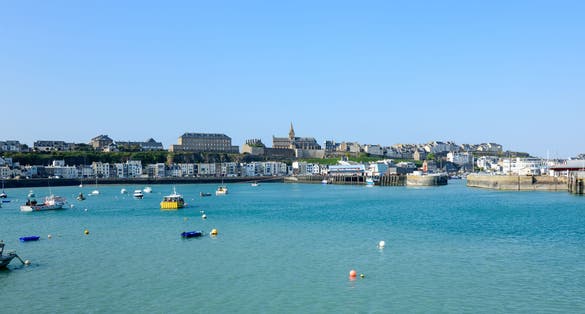 The harbor roadstead of the city of Granville in Europe, France, Normandy, Manche, in spring, on a sunny day.