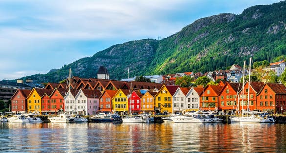 Bergen, Norway. View of historical buildings in Bryggen- Hanseatic wharf in Bergen, Norway. UNESCO World Heritage Site