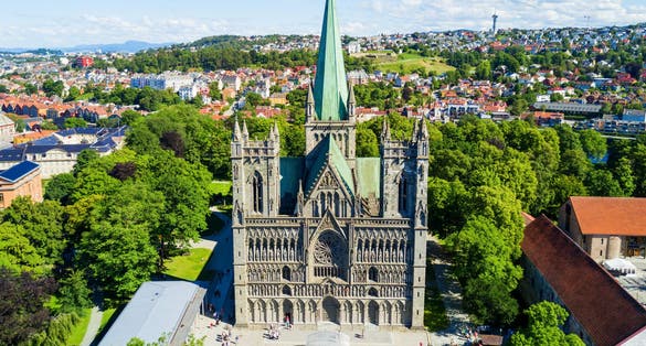 Photo of aerial view of the Nidaros Cathedral in Trondheim (old name of the city: Nidaros) is one of the most important churches in Norway.