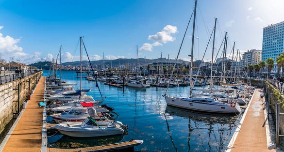 Photo of panorama view across the marina in Vigo, Spain on a spring day.