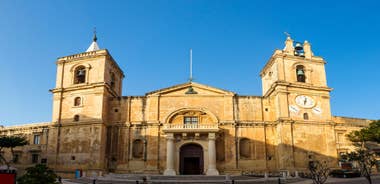 Aerial view of Lady of Mount Carmel church, St.Paul's Cathedral in Valletta embankment city center, Malta.