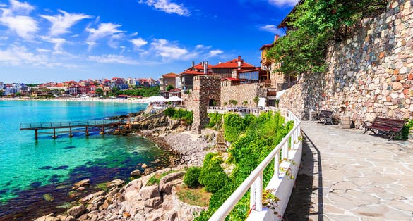 Photo of ancient walls of Apollonia and Black Sea seaside, Burgas.