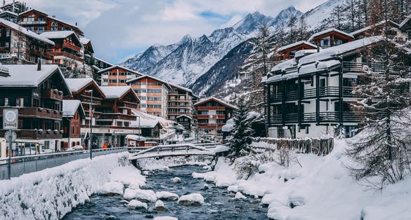 photo of beautiful Zermatt City and Matterhorn fresh snow in Switzerland.