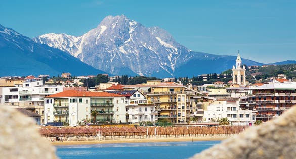 View of the Pescara seafront, with the bell tower of the Divino Amore church and the Gran Sasso