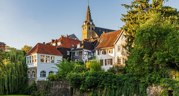 photo  of view of  The historical centre of Essen Kettwig at the Ruhr river in the evening sun, Germany.